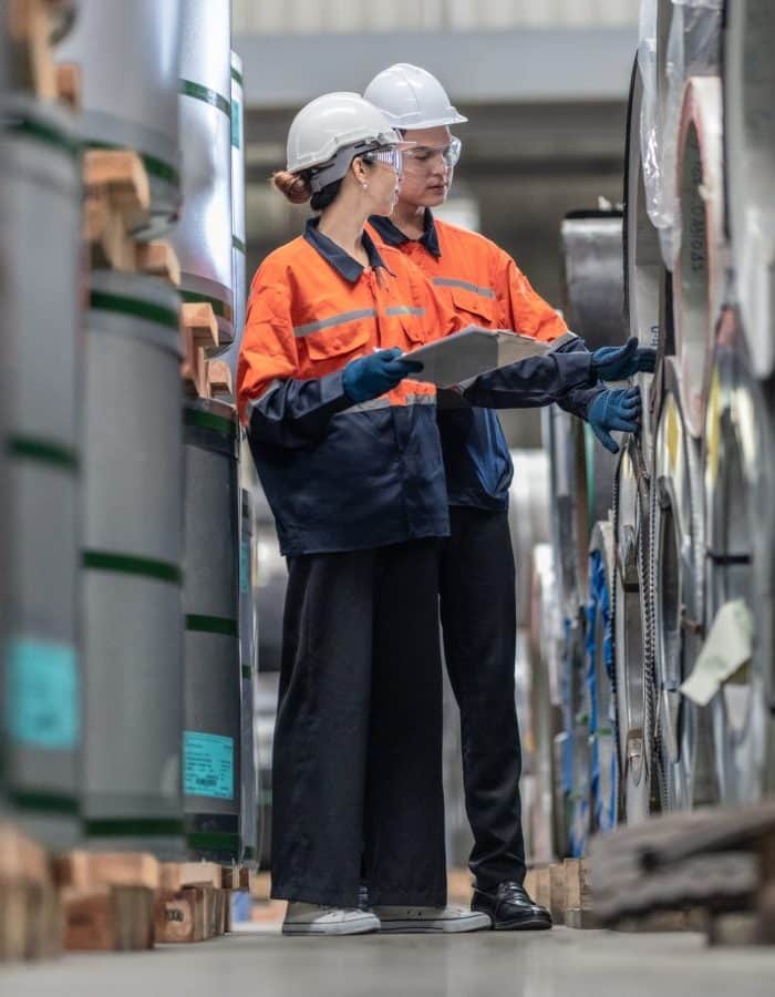 Two workers looking over inventory in a metal supply warehouse